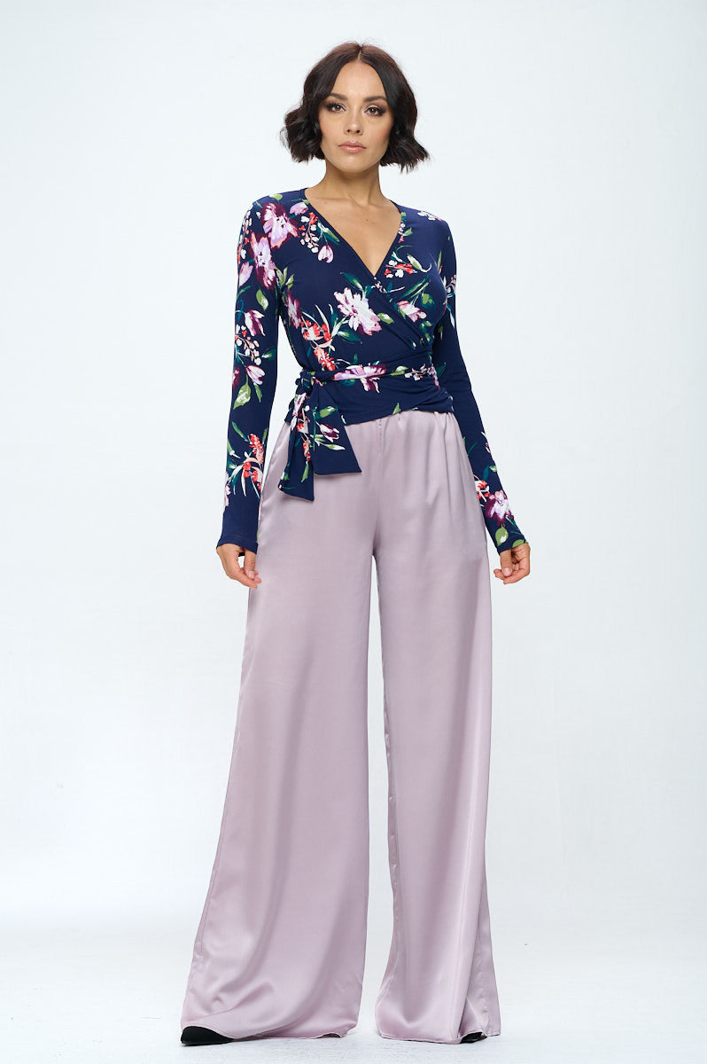 Extra Soft Flower Surplice Top w/Long Sleeve