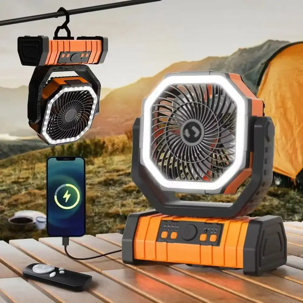 Rechargeable Camping Fan with LED Light, Portable Oscillating Fan with 360° Hook, Cordless Battery Powered