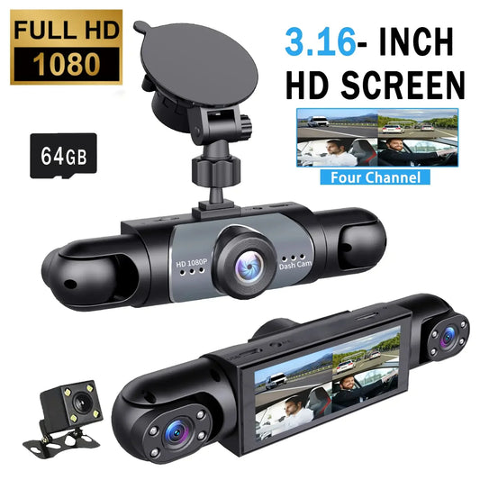 4-channel dashcam, 1080p car DVR, comes with a 64GB memory card, and features night vision