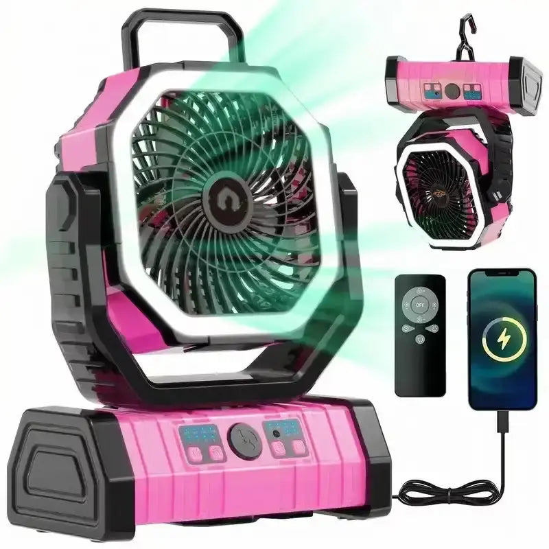 Rechargeable Camping Fan with LED Light, Portable Oscillating Fan with 360° Hook, Cordless Battery Powered