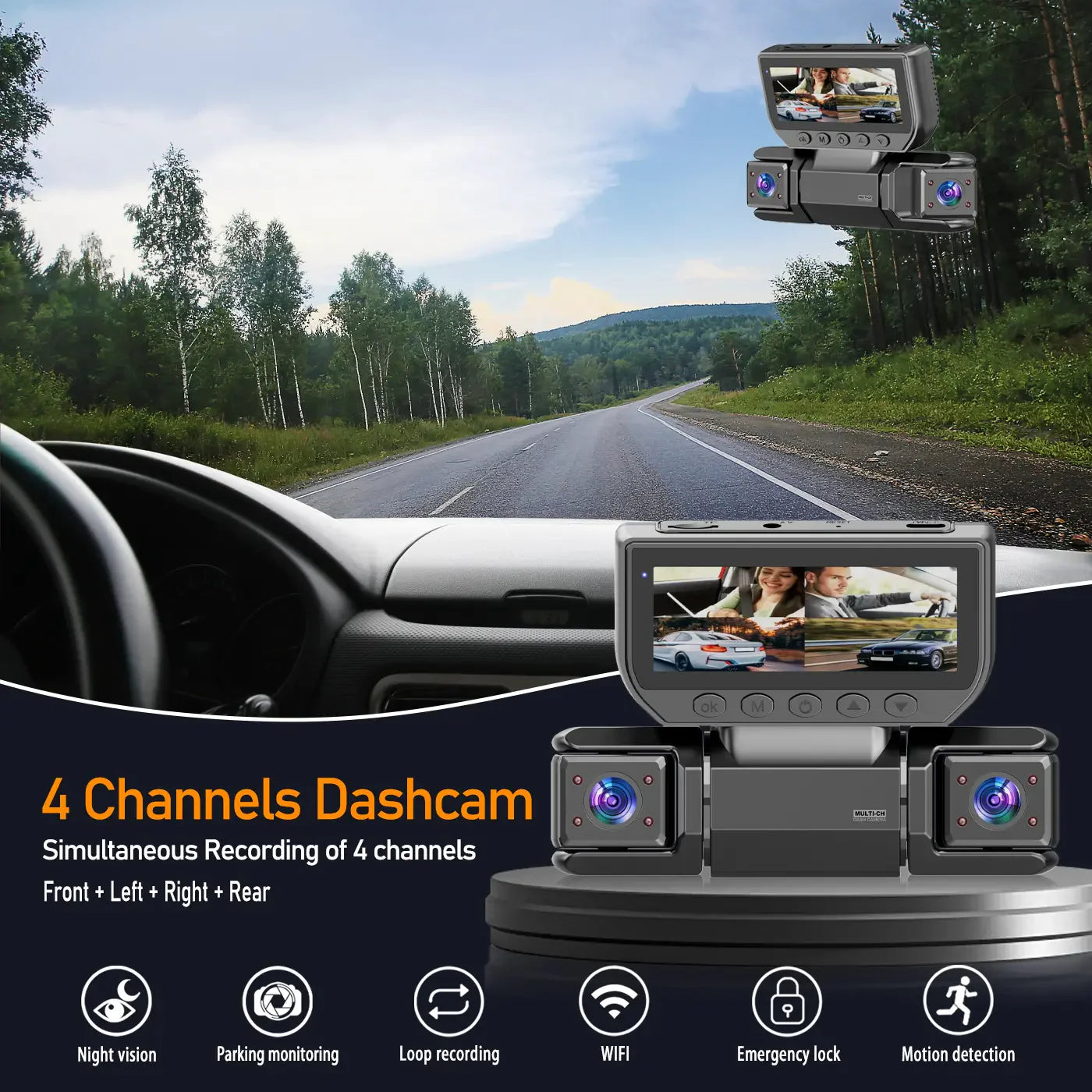 360-Degree Panoramic 4-Channel Dash Cam (Front, Rear, Interior, Left, Right)