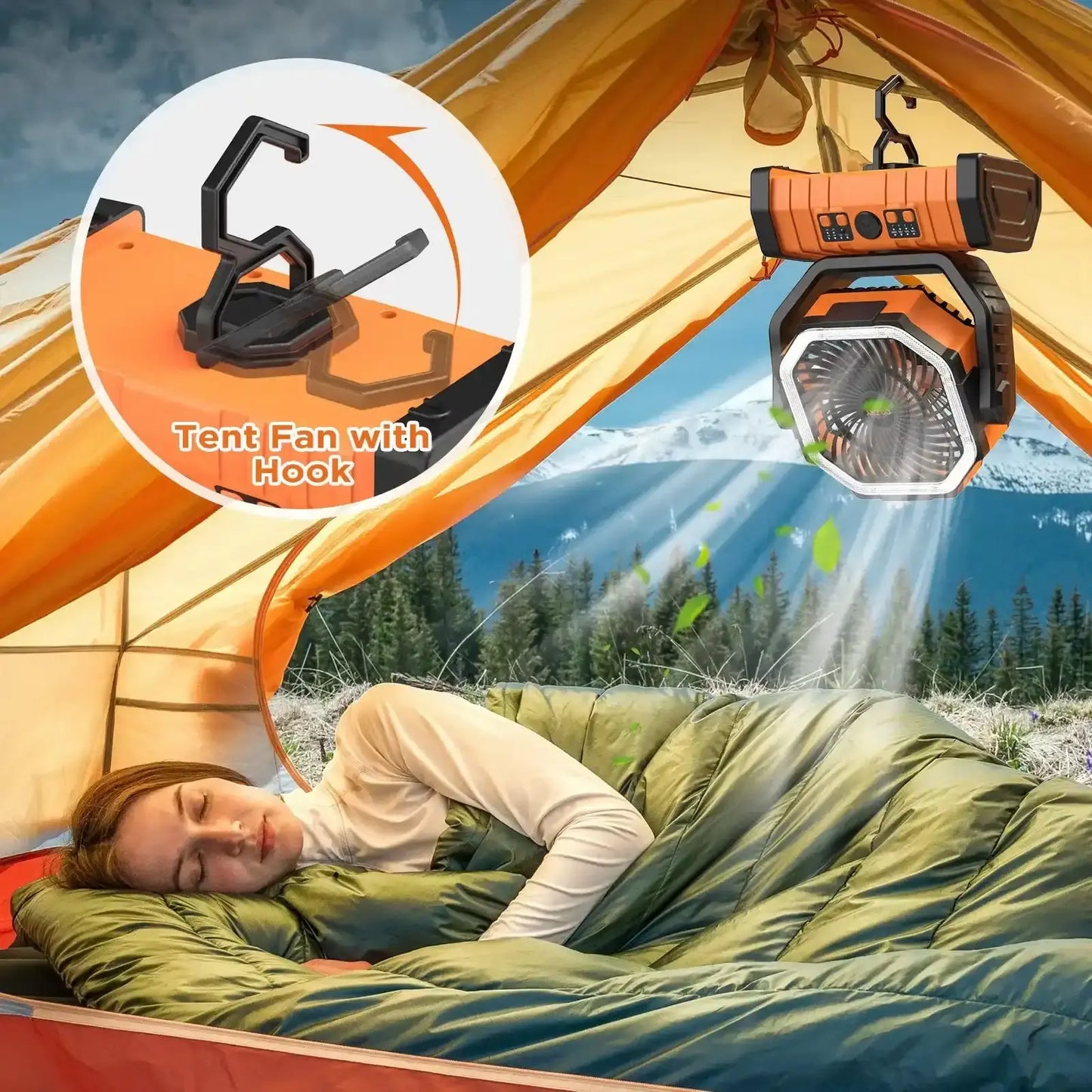 Rechargeable Camping Fan with LED Light, Portable Oscillating Fan with 360° Hook, Cordless Battery Powered