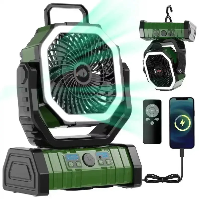 Rechargeable Camping Fan with LED Light, Portable Oscillating Fan with 360° Hook, Cordless Battery Powered