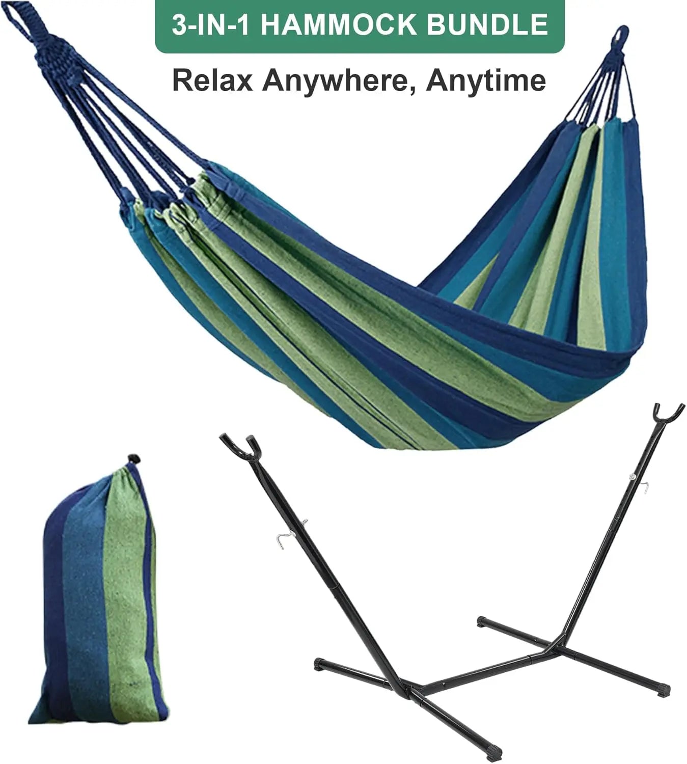 Basic Series Double Hammock, featuring a 9-foot space-saving steel stand and a storage bag, with a weight capacity of 450 pounds