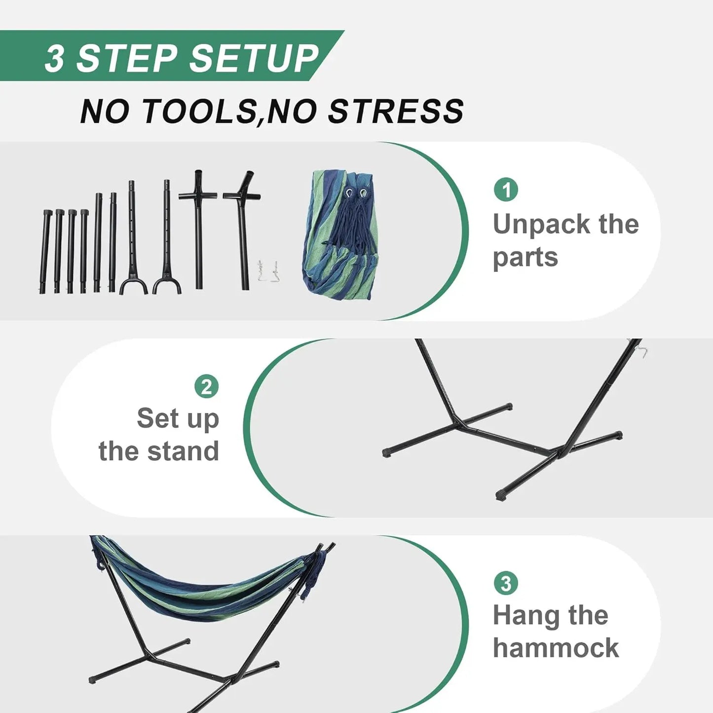 Basic Series Double Hammock, featuring a 9-foot space-saving steel stand and a storage bag, with a weight capacity of 450 pounds