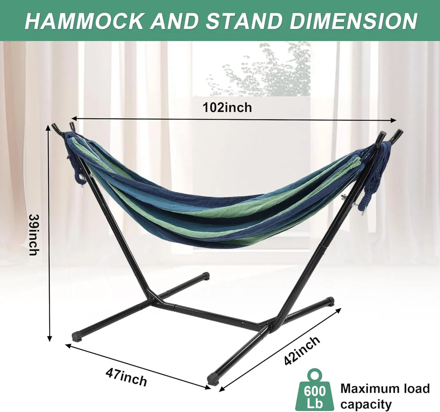 Basic Series Double Hammock, featuring a 9-foot space-saving steel stand and a storage bag, with a weight capacity of 450 pounds