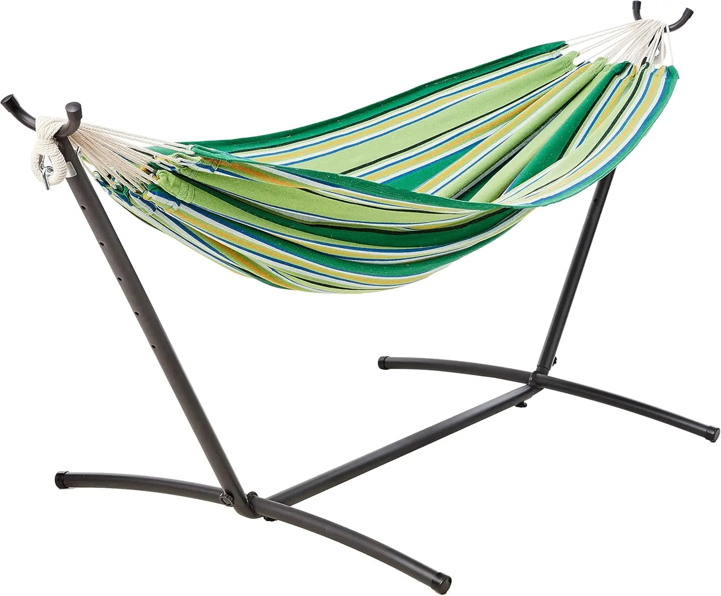 Basic Series Double Hammock, featuring a 9-foot space-saving steel stand and a storage bag, with a weight capacity of 450 pounds
