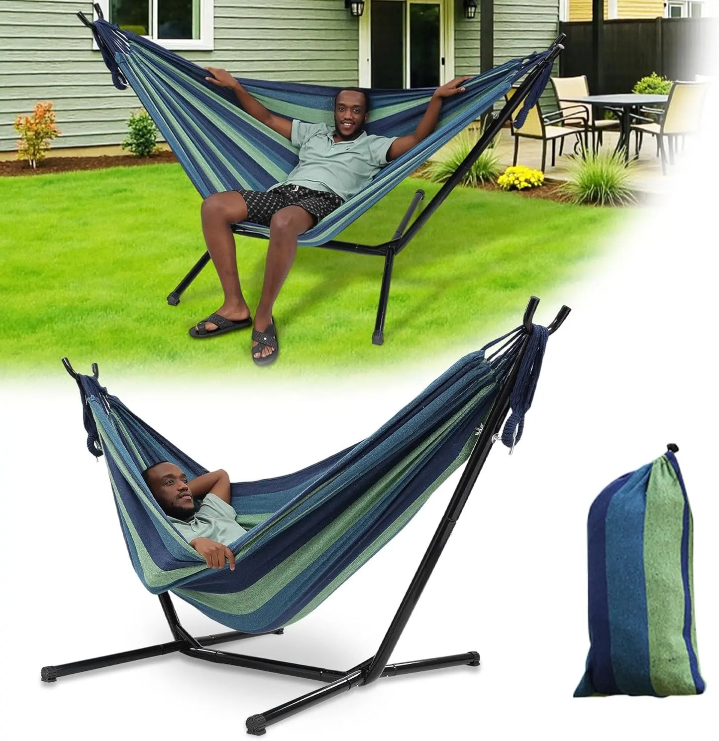 Basic Series Double Hammock, featuring a 9-foot space-saving steel stand and a storage bag, with a weight capacity of 450 pounds