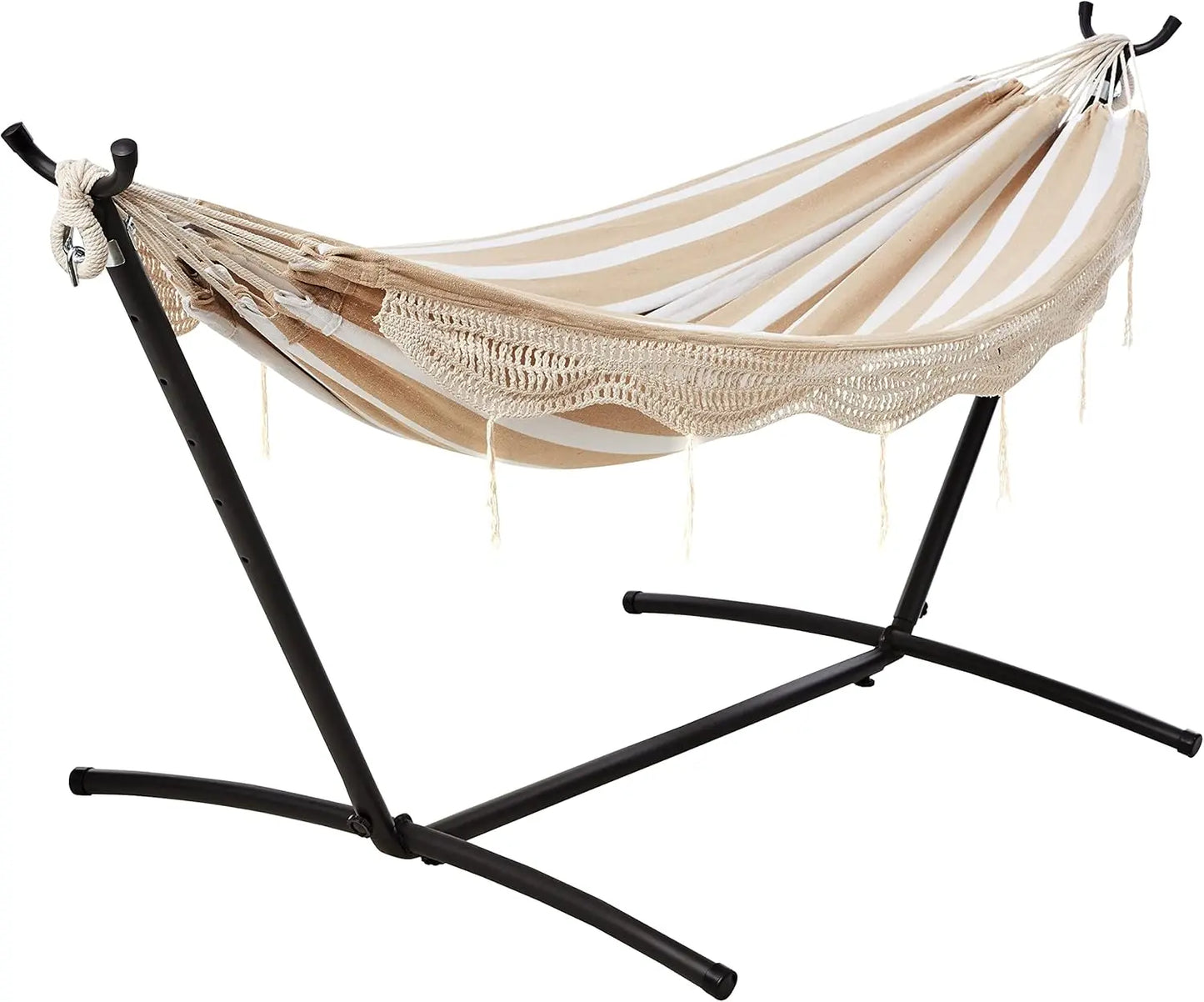 Basic Series Double Hammock, featuring a 9-foot space-saving steel stand and a storage bag, with a weight capacity of 450 pounds