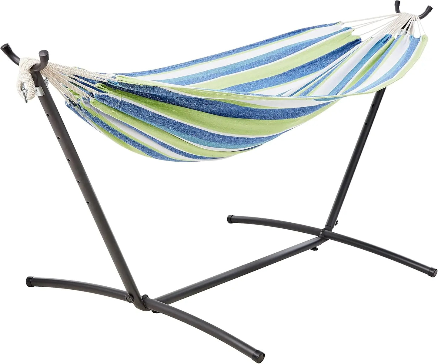 Basic Series Double Hammock, featuring a 9-foot space-saving steel stand and a storage bag, with a weight capacity of 450 pounds