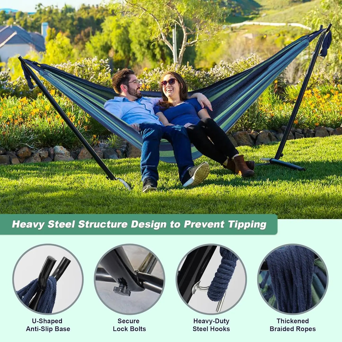 Basic Series Double Hammock, featuring a 9-foot space-saving steel stand and a storage bag, with a weight capacity of 450 pounds