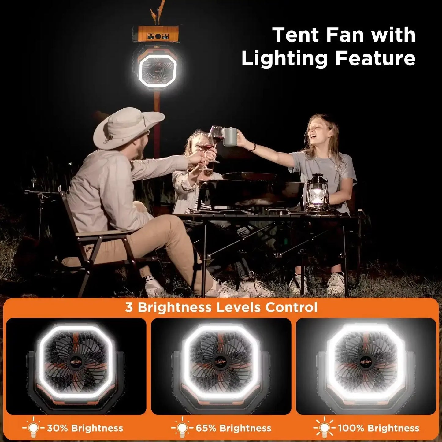 Rechargeable Camping Fan with LED Light, Portable Oscillating Fan with 360° Hook, Cordless Battery Powered