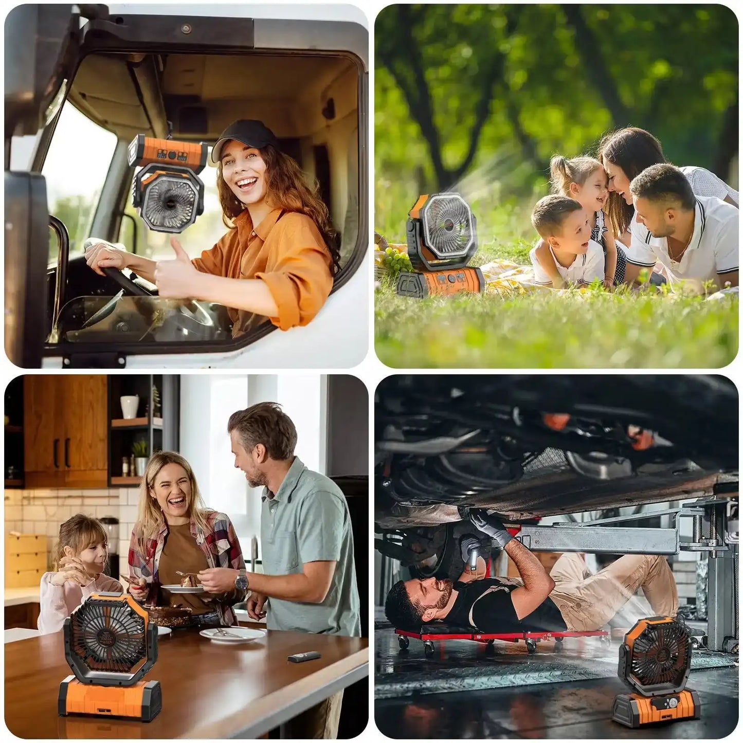Rechargeable Camping Fan with LED Light, Portable Oscillating Fan with 360° Hook, Cordless Battery Powered