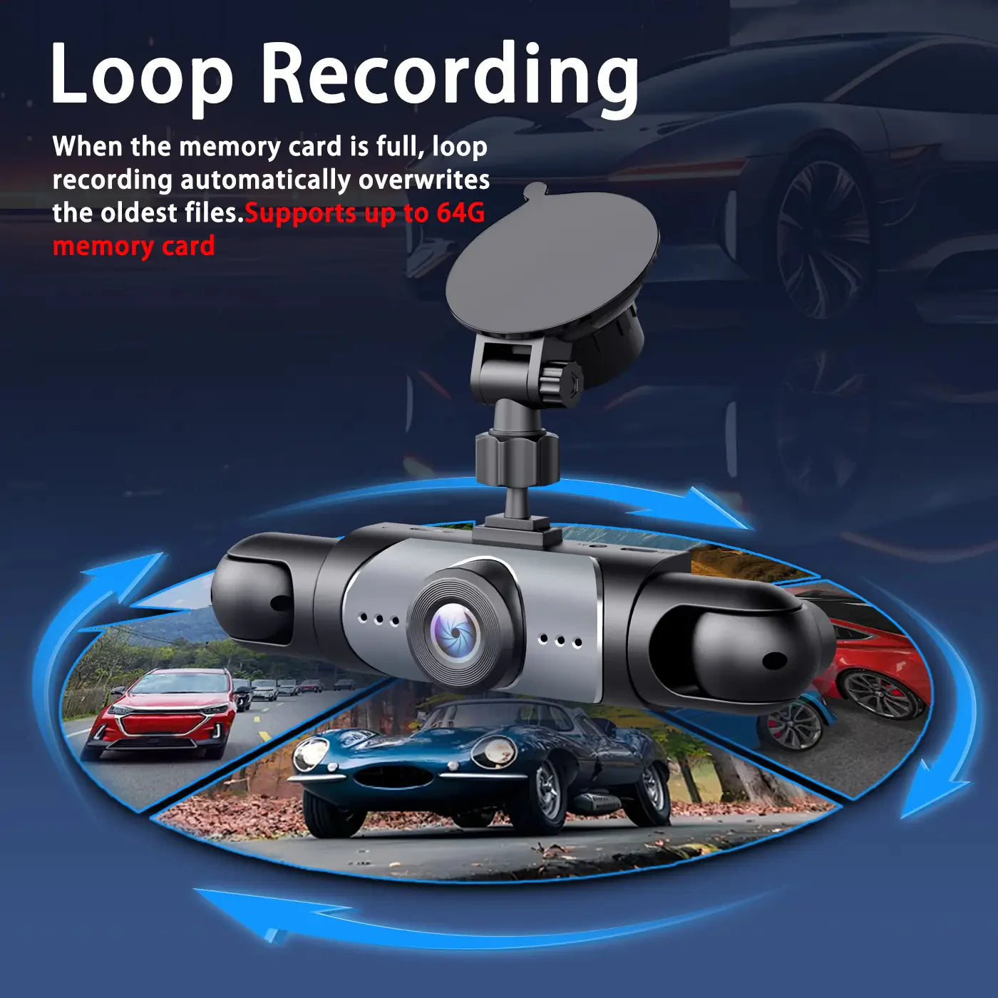 4-channel dashcam, 1080p car DVR, comes with a 64GB memory card, and features night vision