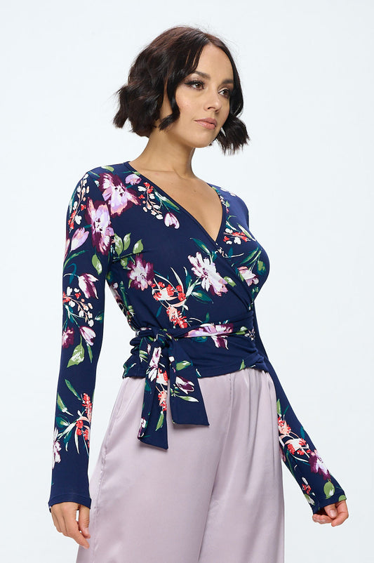 Extra Soft Flower Surplice Top w/Long Sleeve