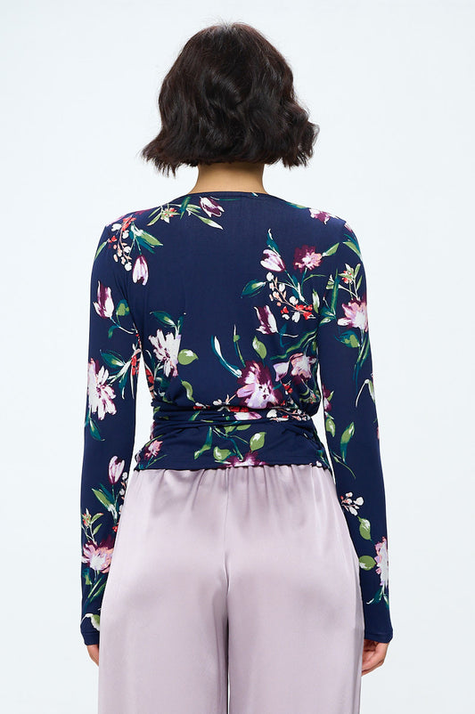 Extra Soft Flower Surplice Top w/Long Sleeve