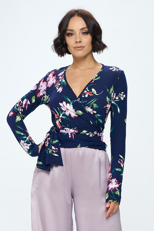 Extra Soft Flower Surplice Top w/Long Sleeve