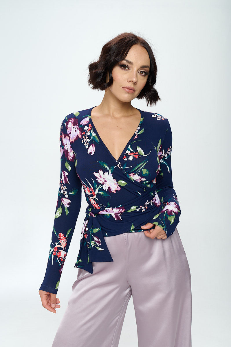 Extra Soft Flower Surplice Top w/Long Sleeve